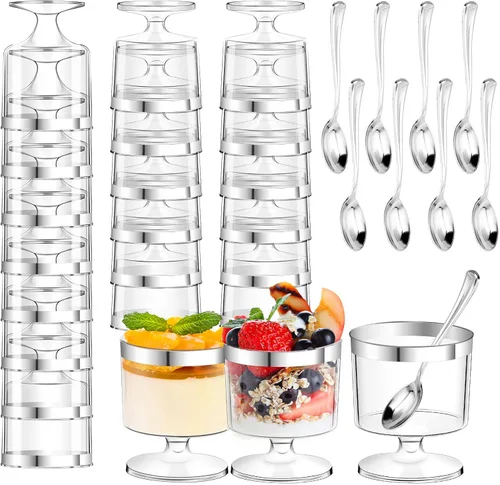 Miniatura 10 de DI QIU REN 120 Piezas Vasos de Postre de 5oz con Cuchara Dorada, Vaso de Plástico Transparente para Postre Parfait Aperitivo Pudín, Copas Redondas