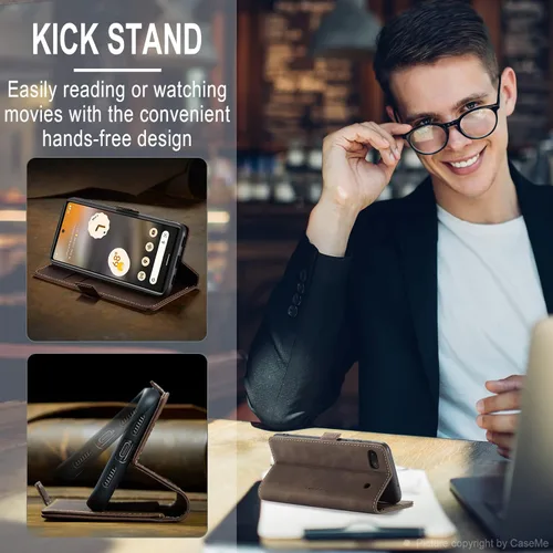 Miniatura 4 de Kowauri Funda para Google Pixel 6A, diseño clásico de piel con cierre magnético, con ranura para tarjetero, a prueba de golpes, funda protectora Café