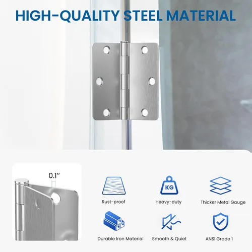 Miniatura 5 de HOSOM Paquete de 6 bisagras de puerta de níquel satinado de 3.5 pulgadas, bisagras de puerta interior resistentes con radio de 1/4 pulgada, bisagras