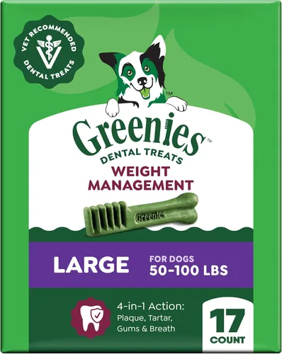 Greenies - Golosinas naturales para perros adultos recomendadas por veterinarios para el control de peso, tamaño grande, 27 onzas, paquete de 17