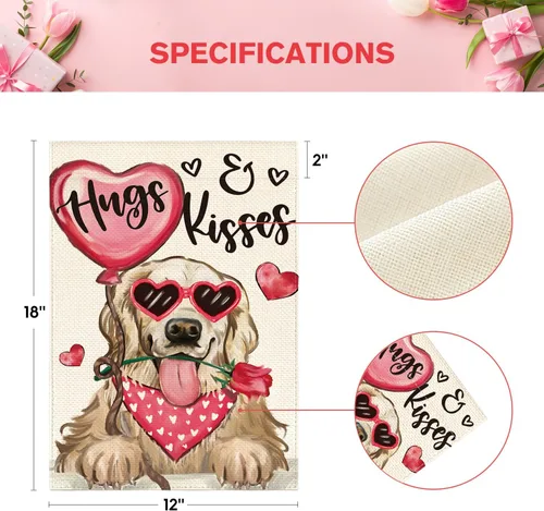 Miniatura 5 de AVOIN colorlife Bandera de jardín de perro para el día de San Valentín, 12 x 18 pulgadas, Golden Retriever Hugs Kisses de doble cara, aniversario