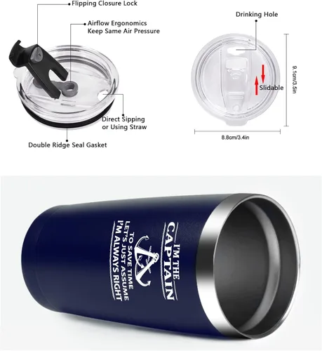 Miniatura 5 de Qtencas Vaso de viaje aislado de acero inoxidable con texto en inglés "I'm The Captain & I'm Always Right", regalos de navegación para hombres, día