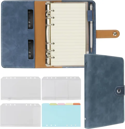 Miniatura 9 de FYY - Cuaderno de 6 anillos de piel sintética con bolsillos, divisores y papel de recarga, agenda de tamaño A5, color azul