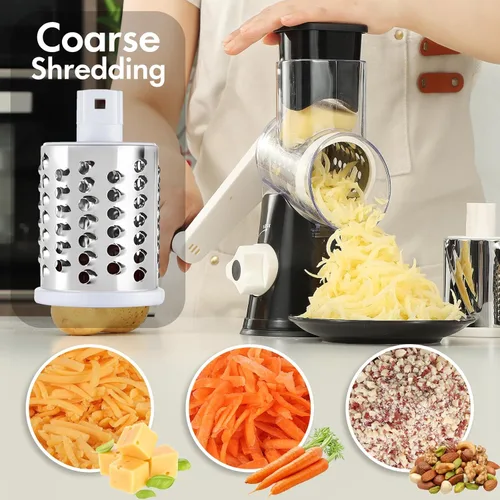 Miniatura 2 de Rallador de queso con manivela manual, triturador de verduras giratorio con asa y base de succión fuerte, rebanador de verduras de alta velocidad