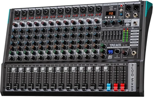 Mezclador DJ, TKLBLS Mezclador de Audio Profesional de 12 Canales con DSP de 99 Bits, Consola de Mezcla de 7 Bandas de EQ, Interfaz de Audio USB,