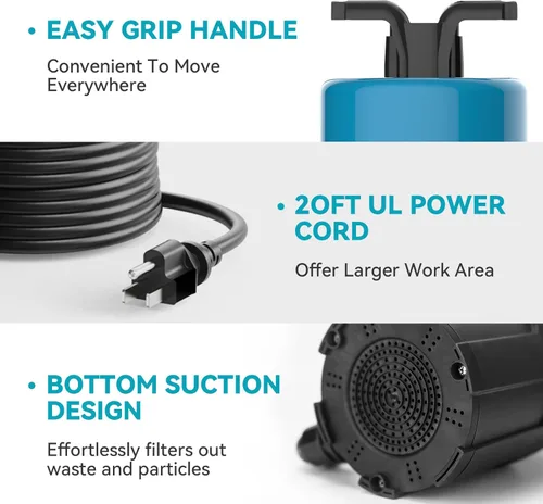 Miniatura 4 de Bomba de sumidero sumergible de 1/2 HP de 1080 GPH Bomba de agua sumergible con interruptor de flotador, bombas de utilidad para drenaje de Azul