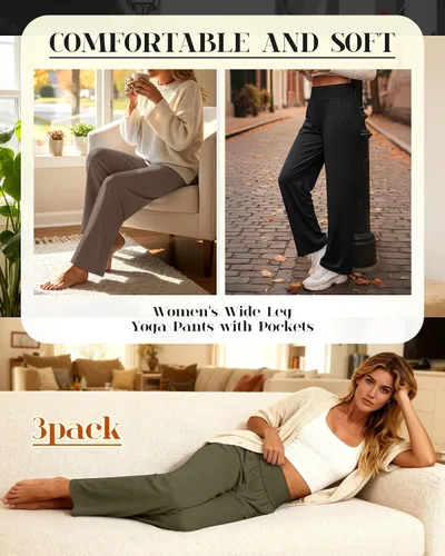 Miniatura 169 de Neer - Conjunto de 3 pantalones de yoga de pierna ancha para mujer - Pantalones deportivos cómodos, holgados, de cintura alta y casuales