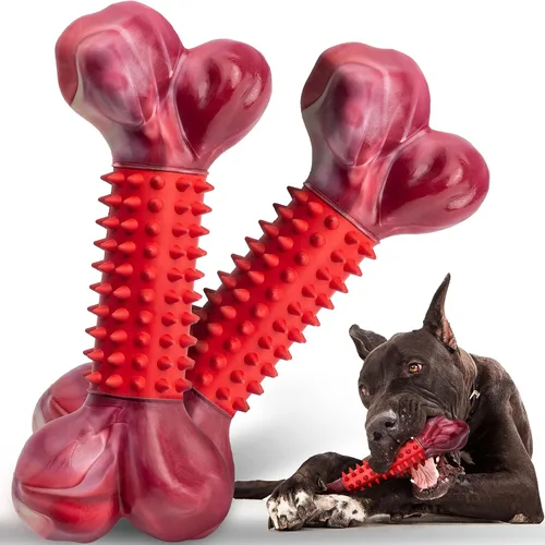 Miniatura 10 de Juguetes resistentes para perros masticadores agresivos de raza grande, hueso para masticar con sabor a tocino, juguete masticable de nailon y goma