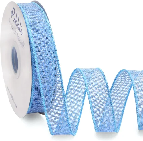 Ribbli Cinta con alambre de arpillera azul bebé, 1 pulgada x 20 yardas continuas, cinta de borde con alambre para coronas, lazos grandes, decoración