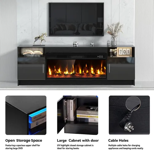 Miniatura 3 de Kucreiheat Soporte de TV negro con chimenea, luces LED, centro de entretenimiento para TV de hasta 80 pulgadas, consola de TV moderna para sala