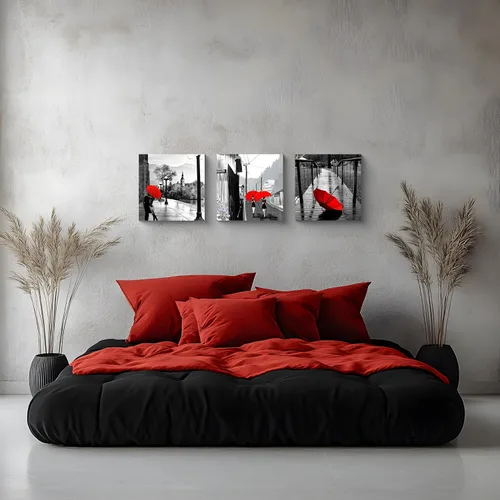 Miniatura 4 de NAN Wind 3 piezas de lienzo moderno Giclée impresiones en blanco y negro con paraguas rojos, lienzo romántico para parejas, pinturas de paisaje rojo