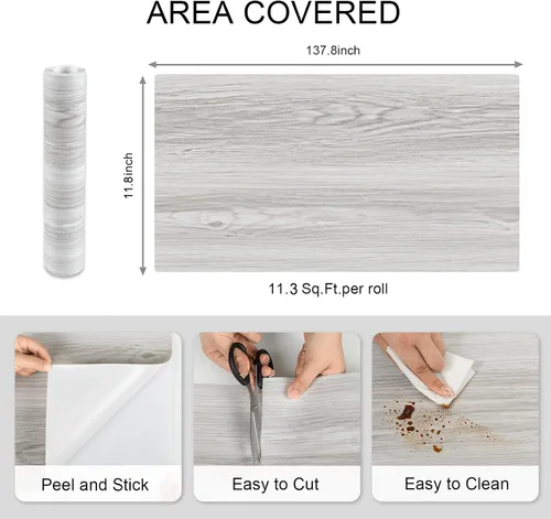 Miniatura 5 de Azulejos de suelo de despegar y pegar: rollo de 11.8x137.8 pulgadas con textura de grano de madera, pisos de vinilo autoadhesivos e impermeables sin