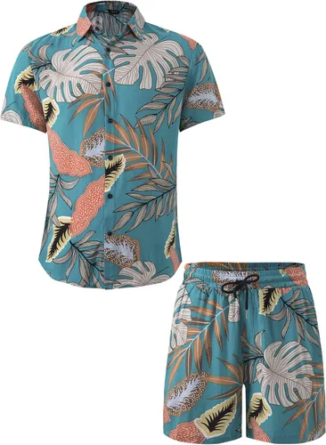 Miniatura 2 de Atwfo Conjunto de camisa hawaiana y pantalón corto para hombre, conjunto de 2 piezas para vacaciones, casual, con botones, playa, trajes florales