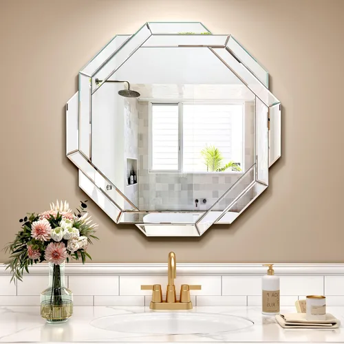 Miniatura 10 de Espejo de baño dorado de 20 x 20 pulgadas, espejo de pared helicoide decorativo, con borde biselado hexagonal sin marco para pared, baño, tocador