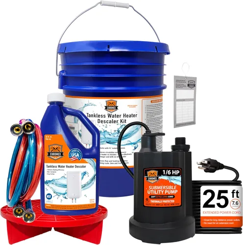 Miniatura 14 de Chromex Kit de descarga de calentador de agua sin tanque con solución de descalcificación líquida certificada y mangueras de entrada de ángulo recto
