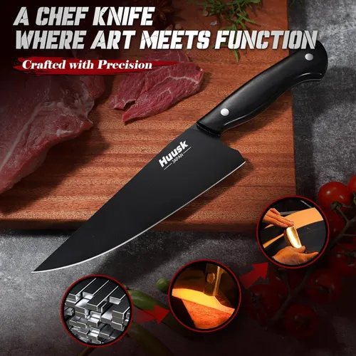 Miniatura 2 de Huusk Cuchillo de chef japonés para cocina, cuchillo de cocina de acero inoxidable de 8 pulgadas con revestimiento de titanio negro, cuchillos