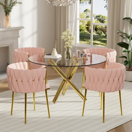 Miniatura 26 de Juego de mesa redonda dorada para 4, juego de mesa de comedor de 39'' con tapa de vidrio transparente, juego de mesa de cocina circular moderna de 5