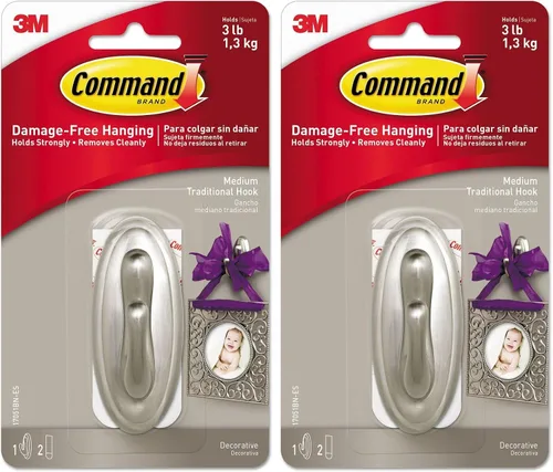 Command Gancho de plástico tradicional mediano, níquel cepillado, 1 gancho, 2 tiras, decora sin daños (paquete de 2)