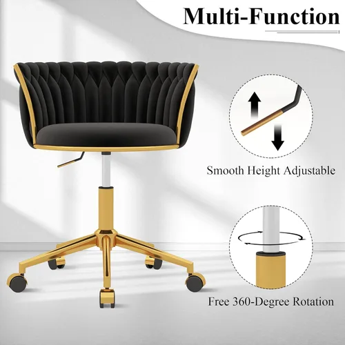 Miniatura 7 de ABET Silla de tocador con ruedas, pequeña silla de escritorio de terciopelo para oficina, taburetes de maquillaje semicirculares tejidos a mano