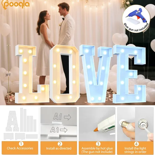 Miniatura 3 de Pooqla Letras de marquesina iluminadas de 3 pies, letras de marquesina con luz LED blanca fría y blanca cálida, letras de mosaico gigante para Letra