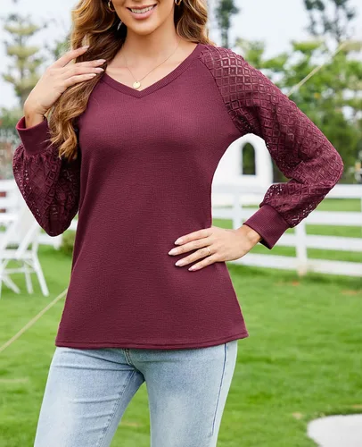 Miniatura 2 de MINTLIMIT Blusa de manga larga con encaje para mujer, estilo informal, elegante, de verano, holgada, de punto, cuello en V, sin botones