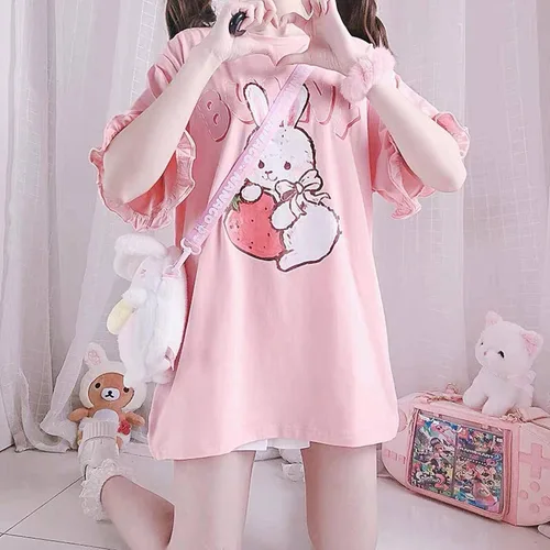 Miniatura 4 de Camiseta japonesa con estampado de conejo de fresa y volantes para mujer, Rosado