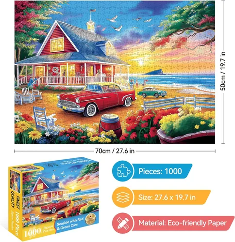 Miniatura 2 de Rompecabezas de 1000 piezas para adultos – Casa costera con camión rojo, rompecabezas vintage de casa de playa escénica de 1000 piezas, regalo