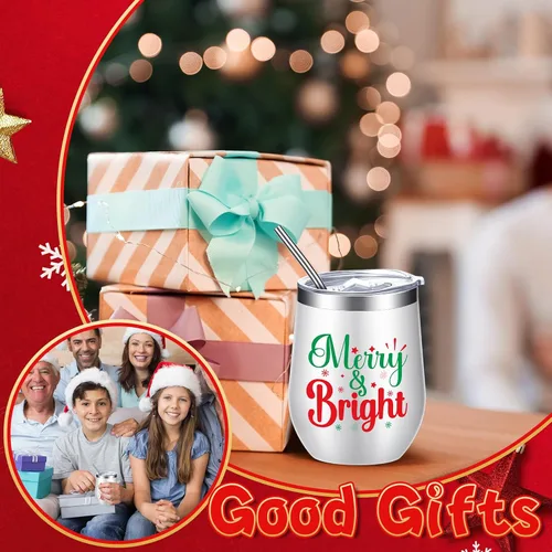 Miniatura 6 de Ziliny 6 Piezas Vasos de Vino de Navidad 12 oz Vasos de Vino Aislados de Acero Inoxidable de Navidad con Tapa y Pajita Divertidas Tazas de Café