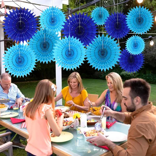 Miniatura 7 de 12 Piezas Abanicos de Papel Azul Decoraciones de Fiesta Decoraciones de Flores de Papel de Seda para Niña Cumpleaños Groovy Baby Shower Boda