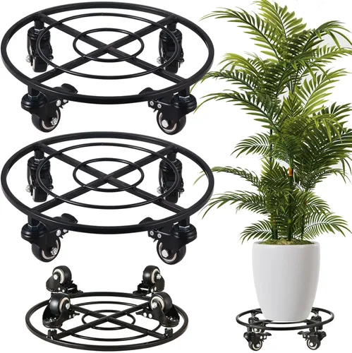 Paquete de 2 organizadores grandes de metal para plantas con ruedas de 13.6 pulgadas, soportes rodantes para plantas de hierro forjado, rodillos de