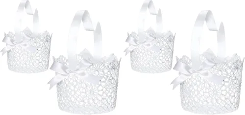 Miniatura 8 de Boao 2 cestas blancas para niña de las flores con asa, cestas de flores de boda con lazo de satén para ceremonia de boda, pétalos, colección