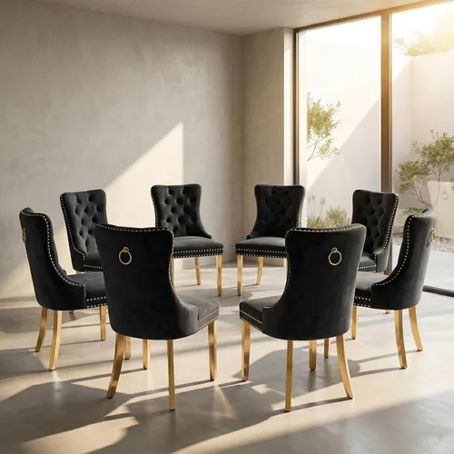 Miniatura 54 de Juego de 2 sillas de comedor de terciopelo, sillas de comedor copetudas de mediados de siglo con anillo trasero de cabeza de clavo, patas de metal