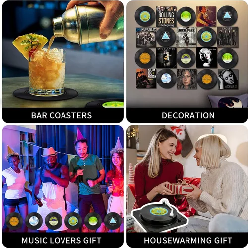 Miniatura 5 de Divertidos posavasos retro de discos para bebidas con soporte para reproductor de vinilo para amantes de la música, juego de 6 posavasos