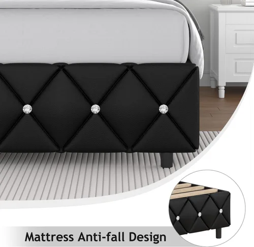 Miniatura 7 de Base de cama individual, plataforma de piel sintética con cabecera tapizada de diamante, base de colchón con fuerte soporte de listones de madera