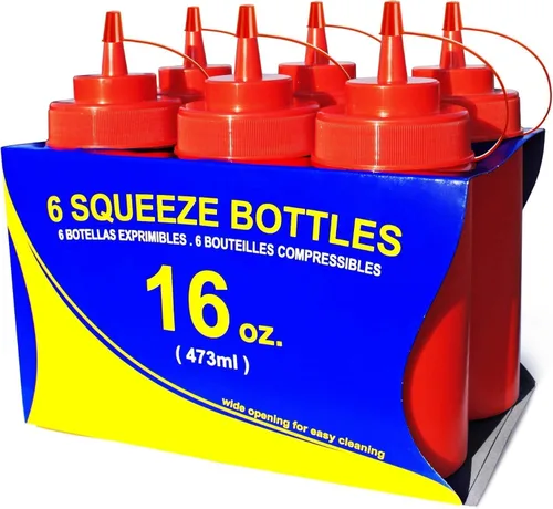 Miniatura 14 de Botellas compresibles New Star Foodservice 26528, de plástico, con tapa y escala, boca ancha, de 16 oz, amarillas, paquete de 6 unidades Amarillo