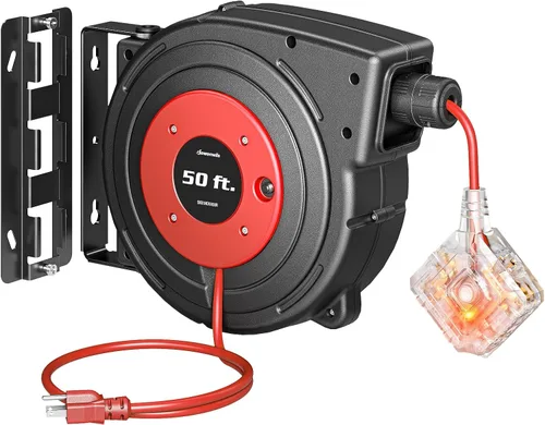Miniatura 9 de DEWENWILS Carrete de cable de extensión retráctil, cable de alimentación resistente de 50 pies, 14AWG/3C SJTOW, 3 tomas de tierra con triple llave