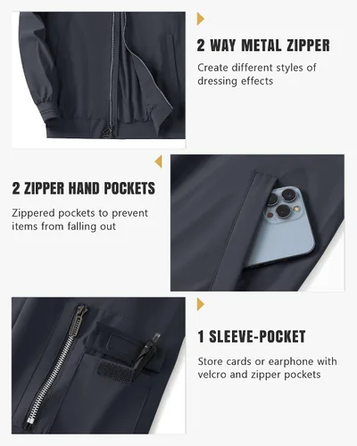 Miniatura 10 de Polu Chaquetas bomber para hombre con bolsillos, chaquetas cortavientos ligeras, cremallera de 2 vías, abrigo casual de negocios para otoño e