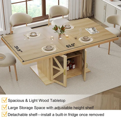 Miniatura 4 de LVB Mesa de comedor para 4-6, moderna mesa de comedor de madera, mesa de cocina rectangular de granja con espacio de almacenamiento y refrigerador