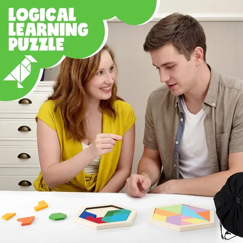 Miniatura 3 de Yunsailing Paquete de 3 rompecabezas grandes de madera hexagonal Tangram rompecabezas de madera rusa para adultos desafío teasers geométrico, lógica
