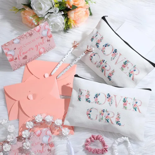 Miniatura 6 de Eccliy Juego de 12 piezas de regalo de propuesta de niña de las flores, bolsa de cosméticos, tocado de niña de las flores, scrunchies de satén