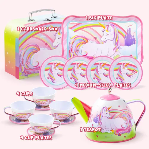 Miniatura 2 de JOYIN Juego de fiesta de té de unicornio para niñas pequeñas, juego de tetera de lata rosa, juguete de cocina con tetera, taza, plato, estuche