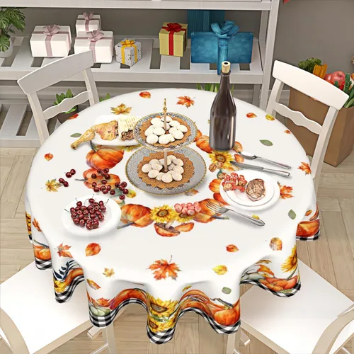Miniatura 7 de Giwawa Mantel redondo de calabaza de otoño de 60 pulgadas, lavable, tela de poliéster impermeable, decorativo, para fiestas en el hogar
