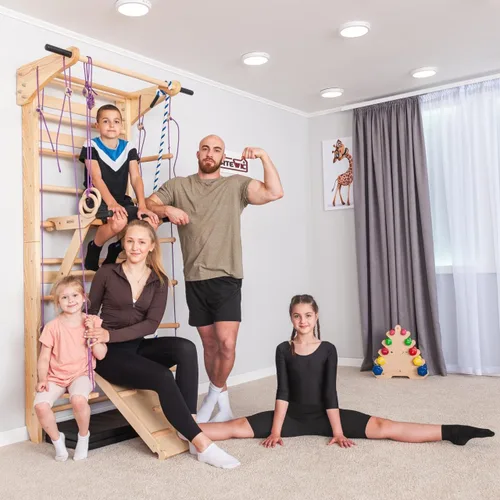 Miniatura 8 de Barras de pared de escalera sueca con barra de dominadas para niños y adultos, barras de madera para gimnasio en casa con anillos de gimnasia