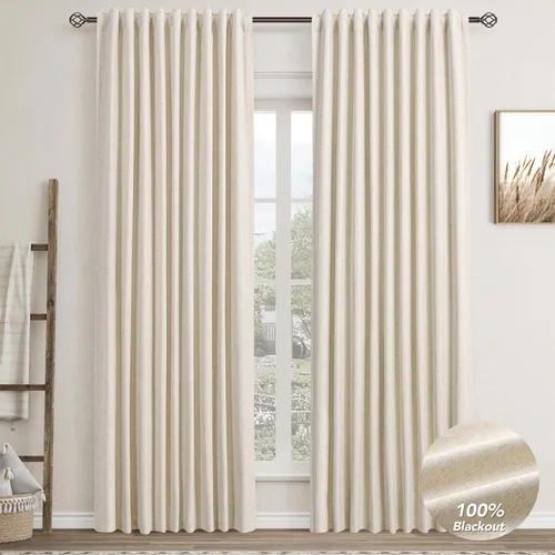 Miniatura 11 de Natural Linen 100% Blackout Curtains for Bedroom 98 Inch Length 2 Panels Set Back Tab Cream Neutral Farmhouse Living Room Darkening Curtain Track