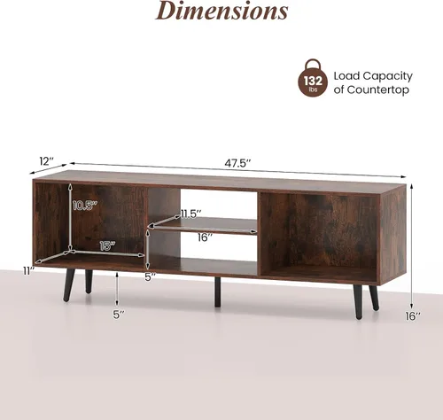 Miniatura 6 de Tangkula Moderno soporte de TV para TV de 55 pulgadas, mueble consola de TV de 47.5 pulgadas con compartimentos, estantes y patas de metal, centro