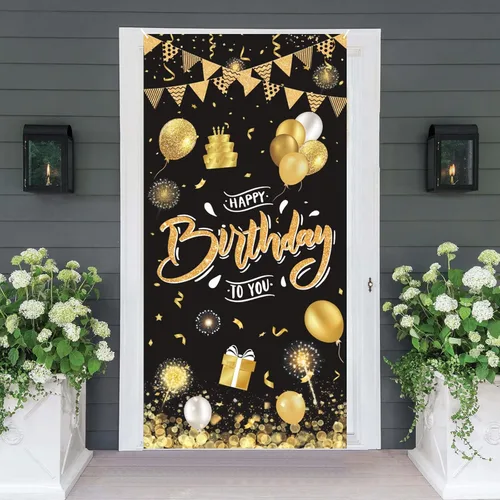 Miniatura 8 de Cartel de feliz cumpleaños negro y dorado, cartel de feliz cumpleaños, cartel de puerta de porche, letrero colgante de pared para exteriores e