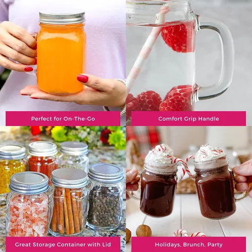 Miniatura 6 de Kate Aspen Tazas de Frasco Mason de 12 oz con Asas y Tapa Sólida (Juego de 6) Tazas de Vidrio para Beber de Cocina Favores de Baby Shower DIY