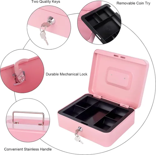 Miniatura 3 de Caja de dinero con cerradura y bandeja de dinero, caja de dinero de metal, caja grande para dinero 9.84 x 7.87 x 3.54 pulgadas, color negro