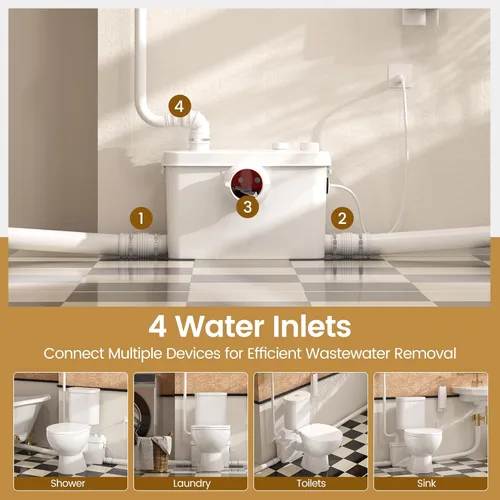 Miniatura 3 de SUPERFLO Sistema de Inodoro Macerador de 500W Upflush para Sótano con 4 Entradas de Agua para Baño y Garaje, Sistema de Bomba de Inodoros