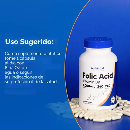 Miniatura 7 de Nutricost ácido fólico (Vitamina B9) 1000 mcg, 240 Cápsulas, 1 botella, 1